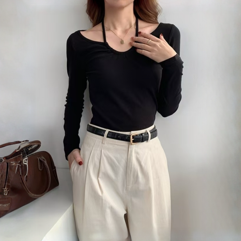 黑色设计感小众辣妹短款上衣女春秋季内搭打底衫v领挂脖长袖t恤 