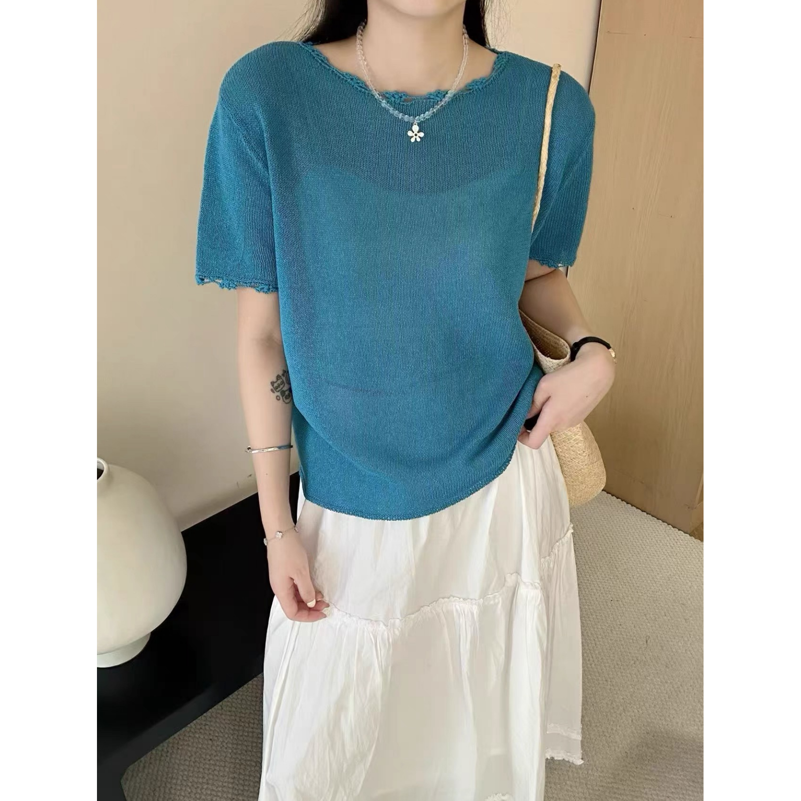 3261【钩花边中袖针织衫】巨百搭！女士夏季薄款显瘦上衣