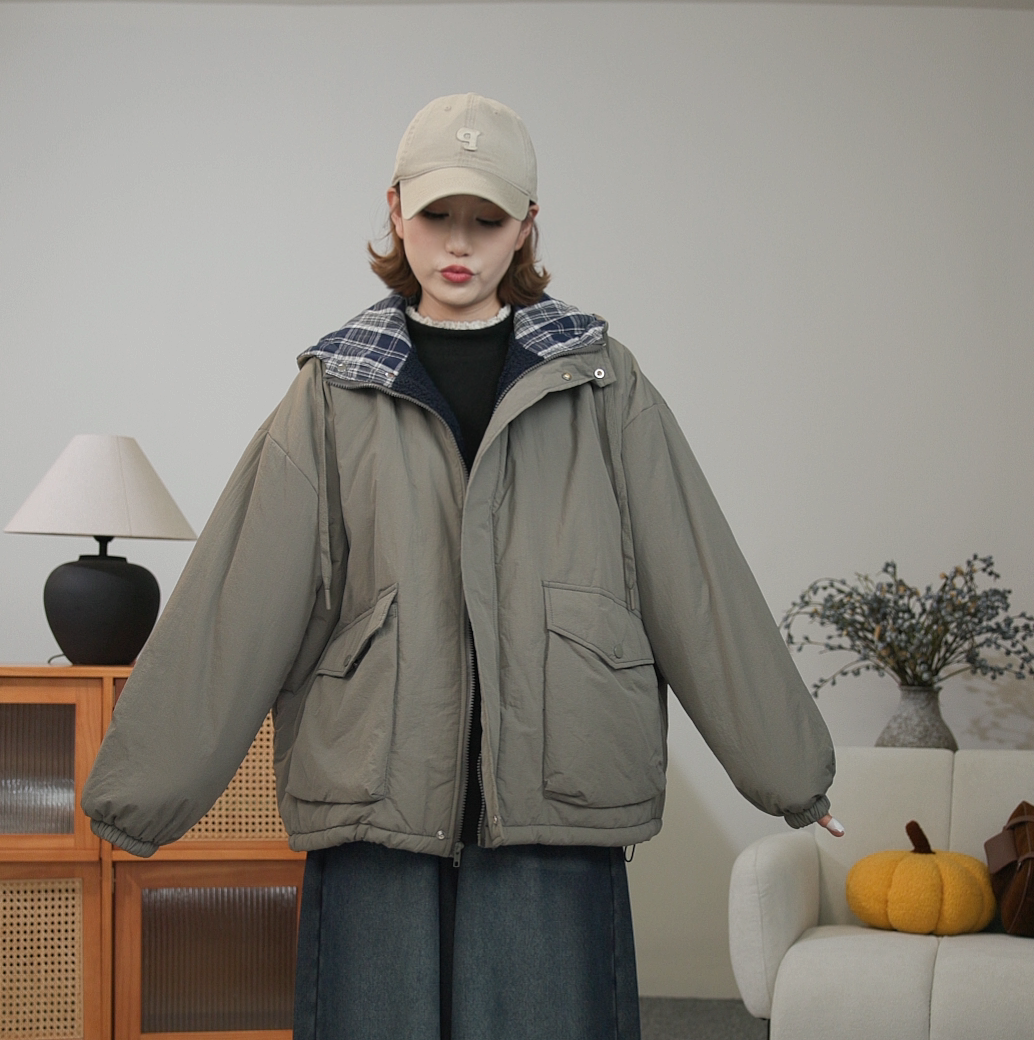 秋冬新款加棉格子拼接连帽毛毛棉服