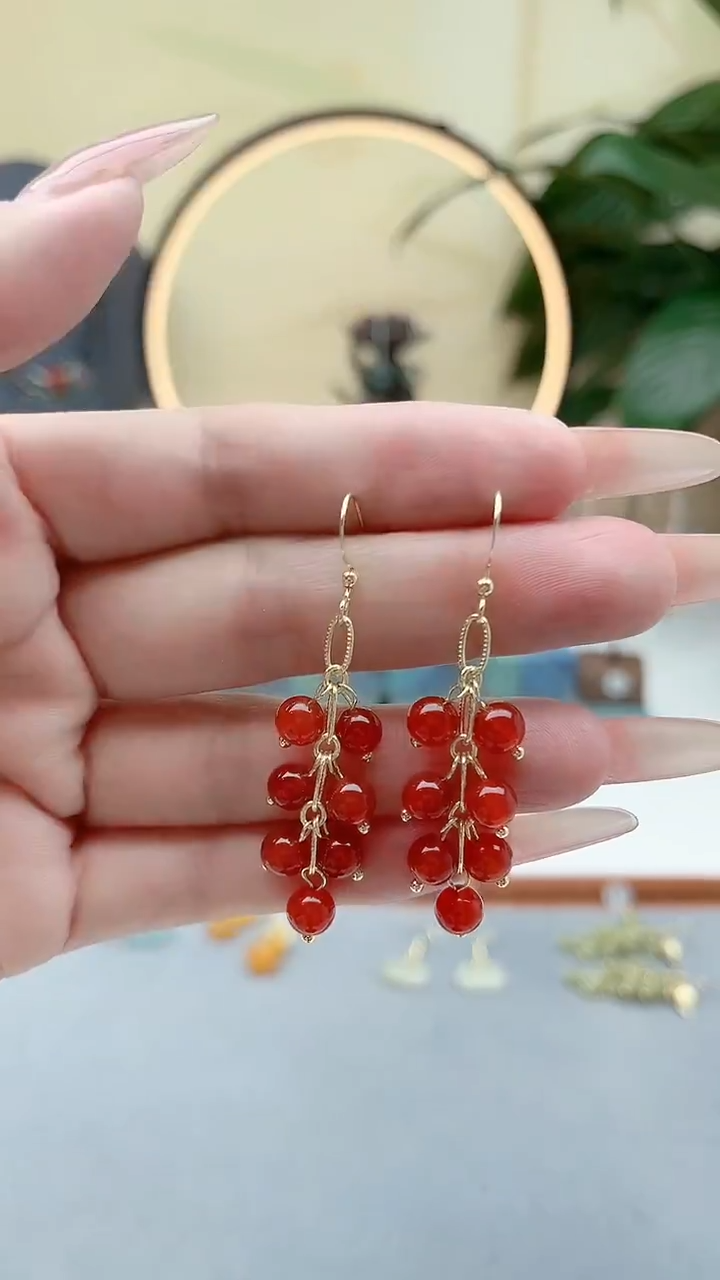 银S925镶嵌耳饰玛瑙/玉髓00红色葡萄款