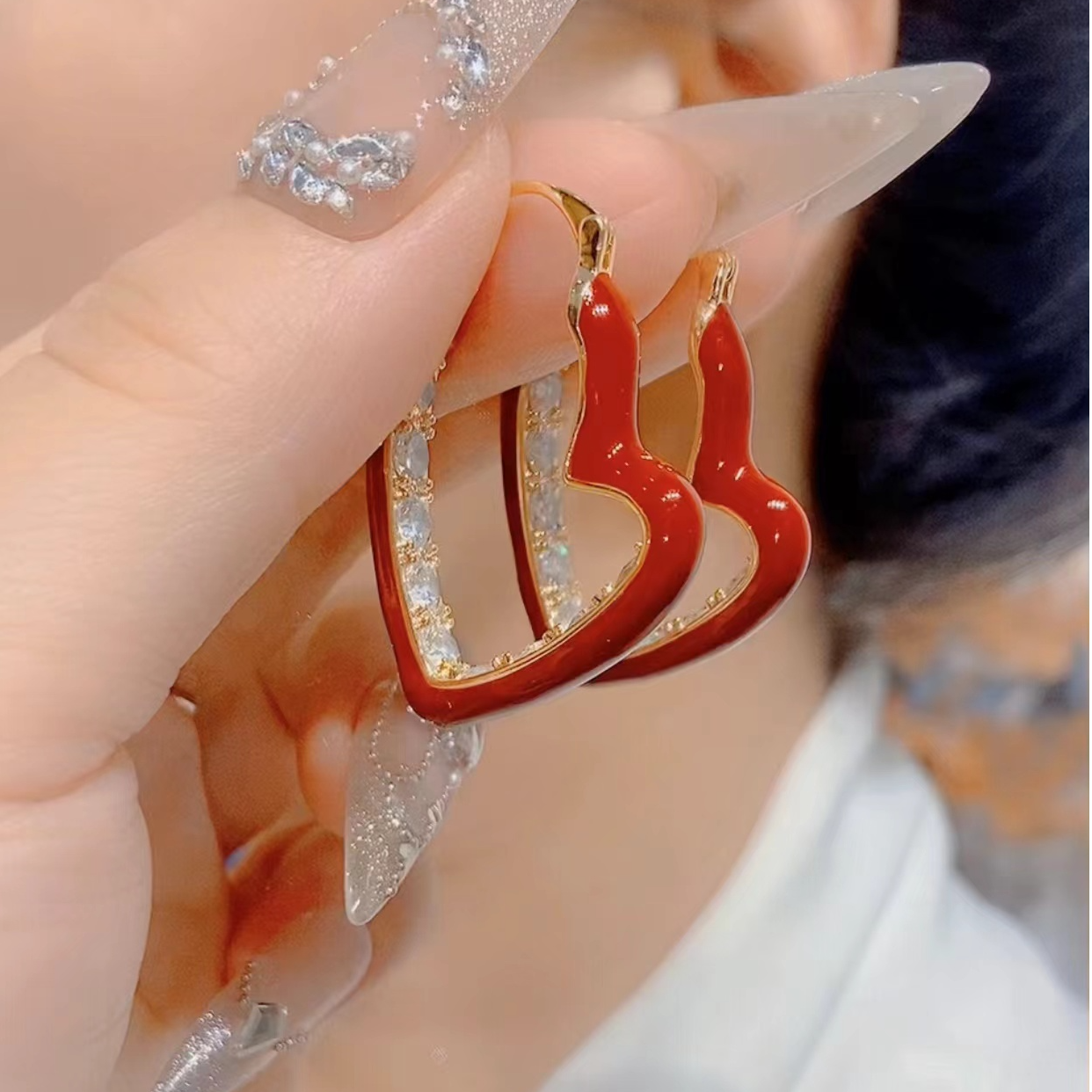 铜合金合成锆石耳饰 气质轻奢时尚百搭复古红色小众个性T03