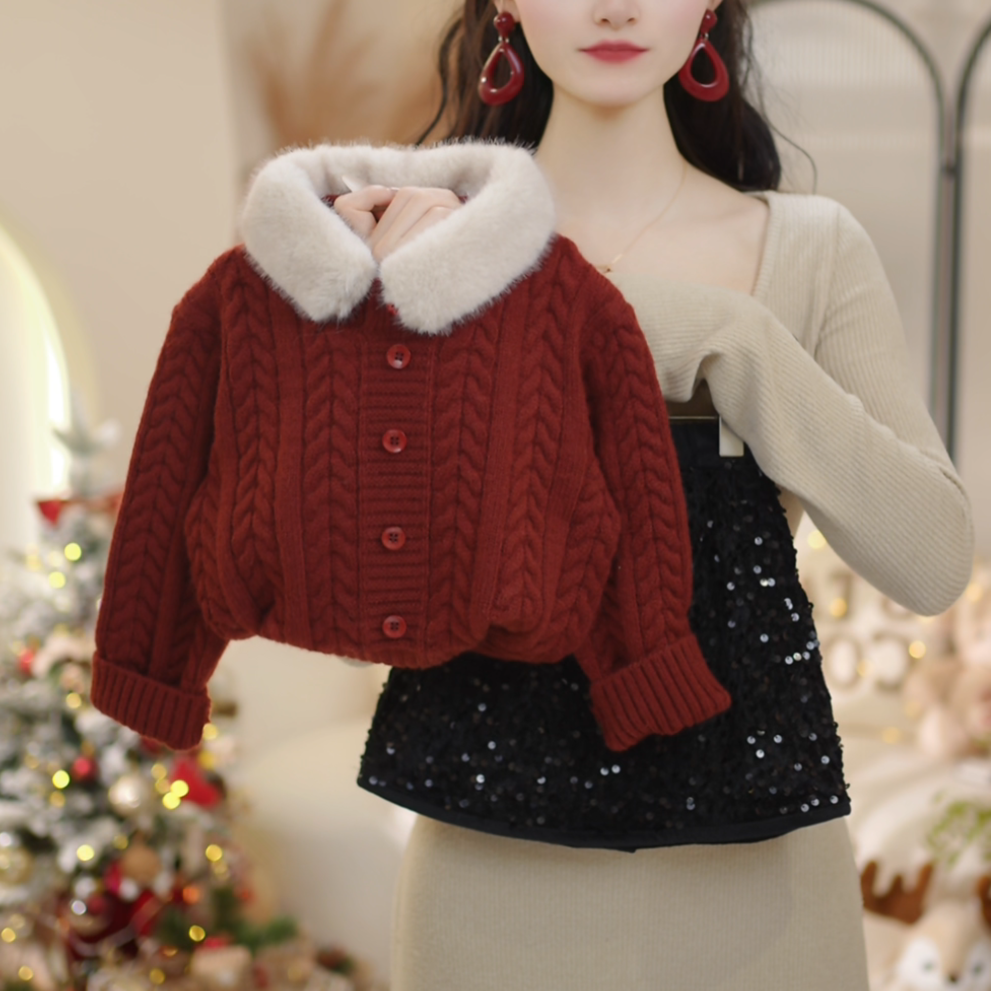女童2025冬季新款新年红毛领毛衣+加绒亮片裙套装C25180