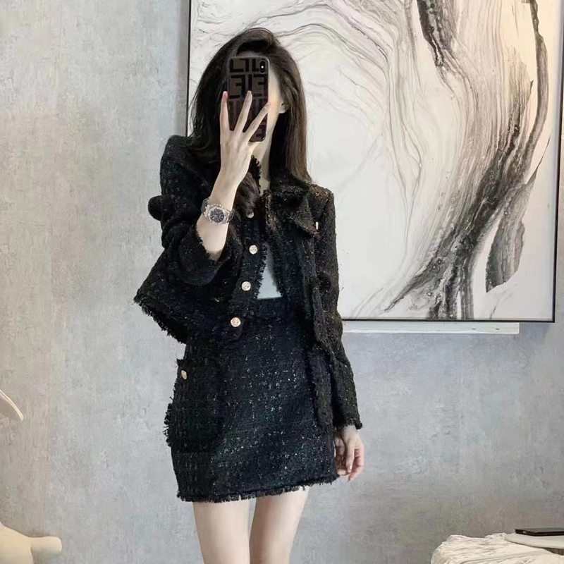 轻熟风时尚小香风套装女秋季名媛气质显瘦洋气黑色套装裙81793