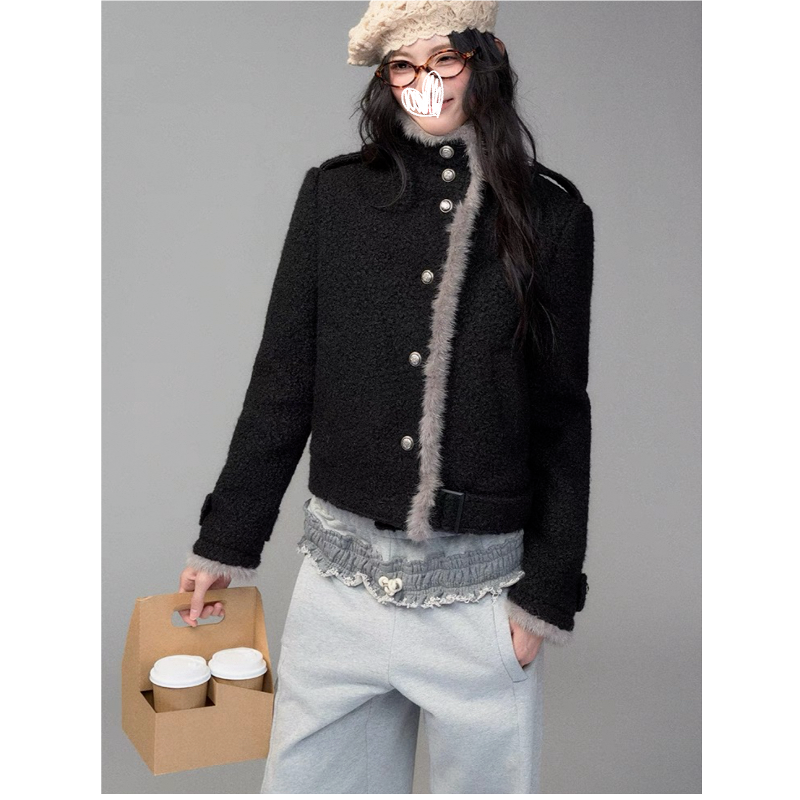 「羊毛+棉」毛条拼接设计感立领毛呢外套韩系通勤宽松短款夹克3146