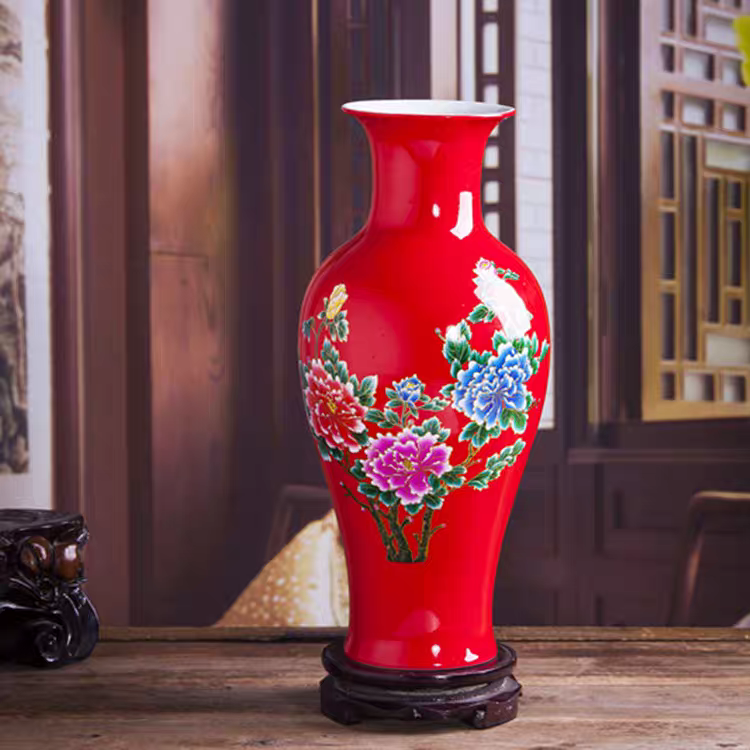 （高46cm）景德镇陶瓷红色系列花瓶中国红釉花开富贵花瓶电视柜装饰