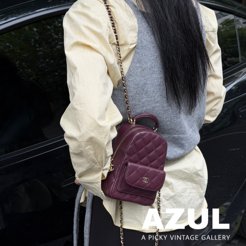 99新 Chanel/香奈儿 Azul-24A深酒红色荔枝皮mini双肩小书包50349