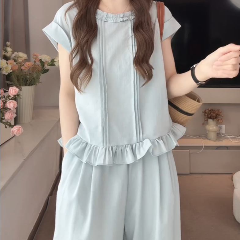 夏季清凉/超舒服 显瘦套装2025年夏季减龄木耳边女装
