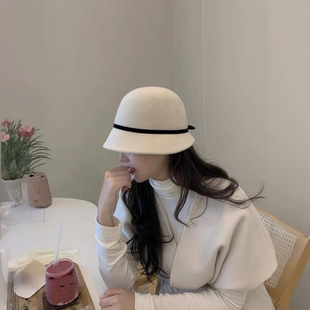 纯羊毛白色赫本渔夫帽子女士秋冬法式复古留洋千金气质小香风礼帽