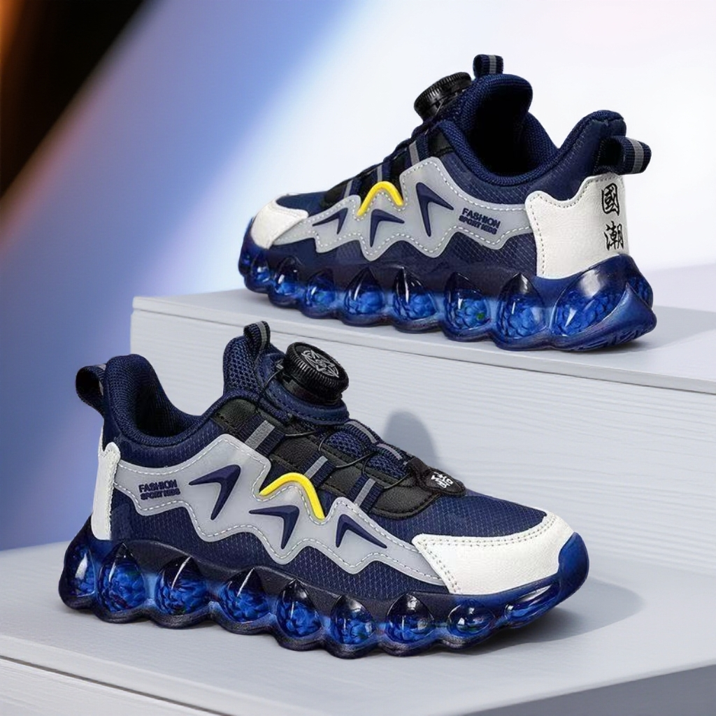 C99皮面纽扣运动鞋气垫底防水儿童跑步鞋D99网面科技扣透气中大童