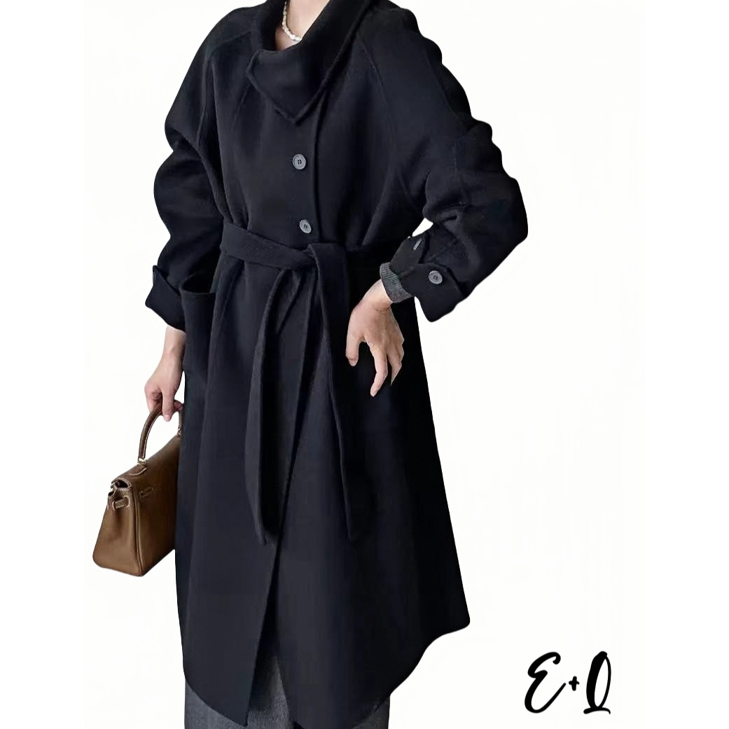 100%绵羊毛双面呢大衣立领系带长款239005