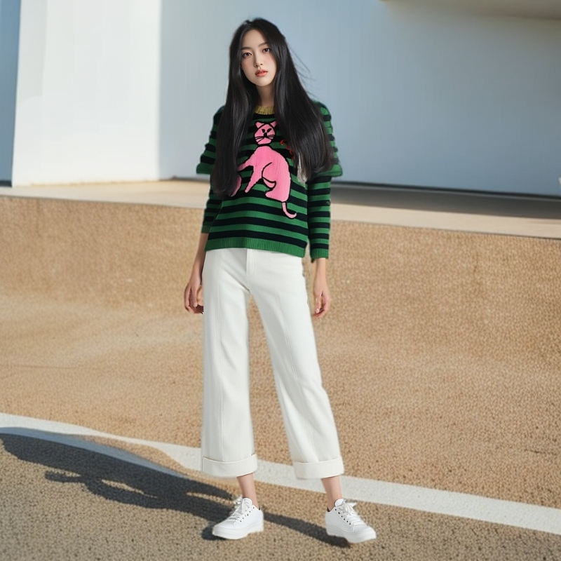 99新 GUCCI/古驰 11175402 黑绿条纹猫咪羊毛圆领毛衣 XS码