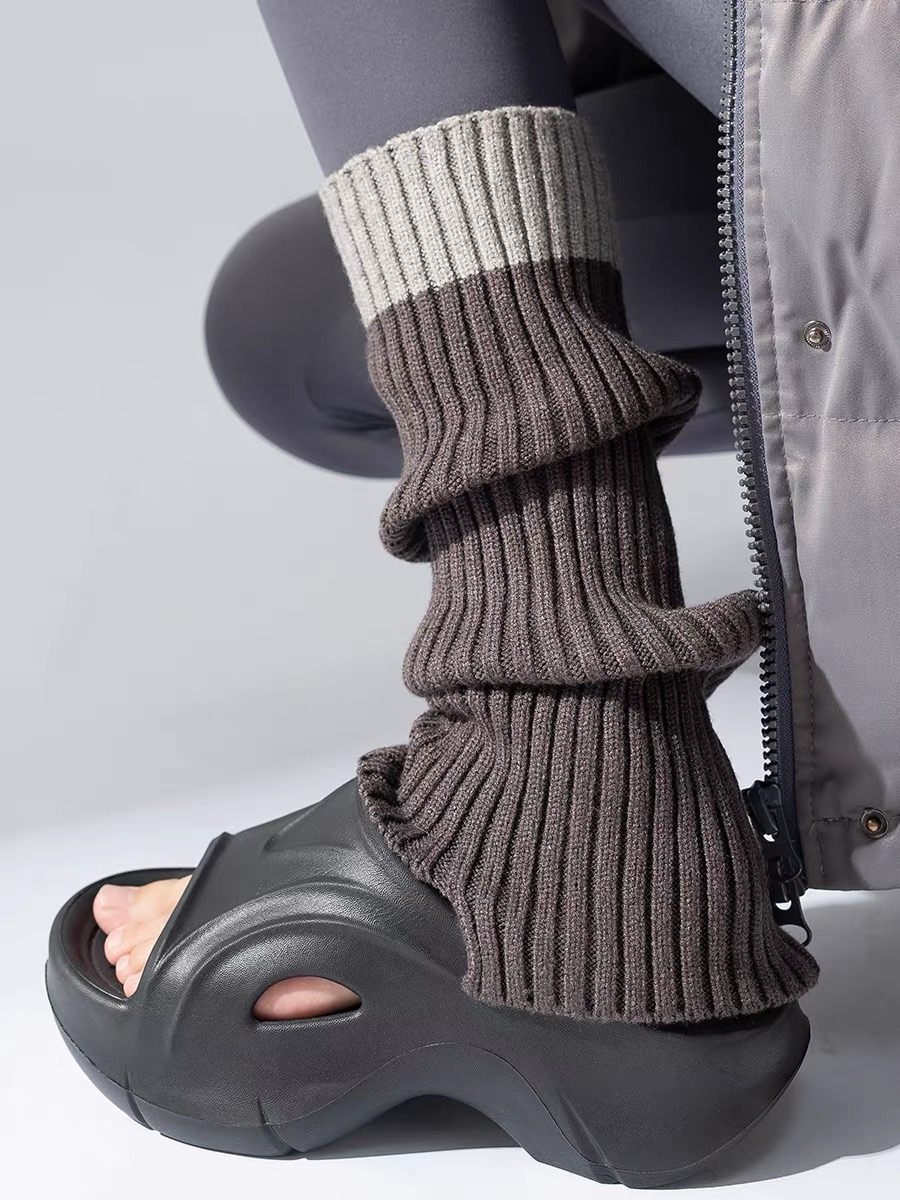 秋冬季韩版针织袜套抽条拼色前开口袜套