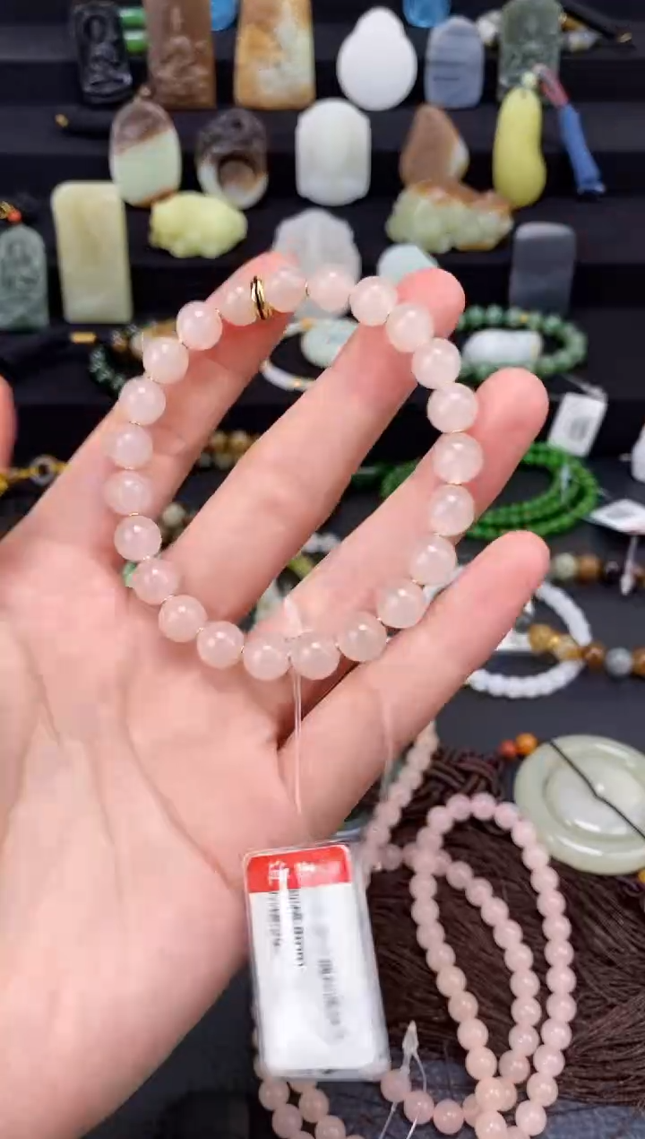 未镶嵌和田玉挂件明***L8mm藕粉圆珠手串金版