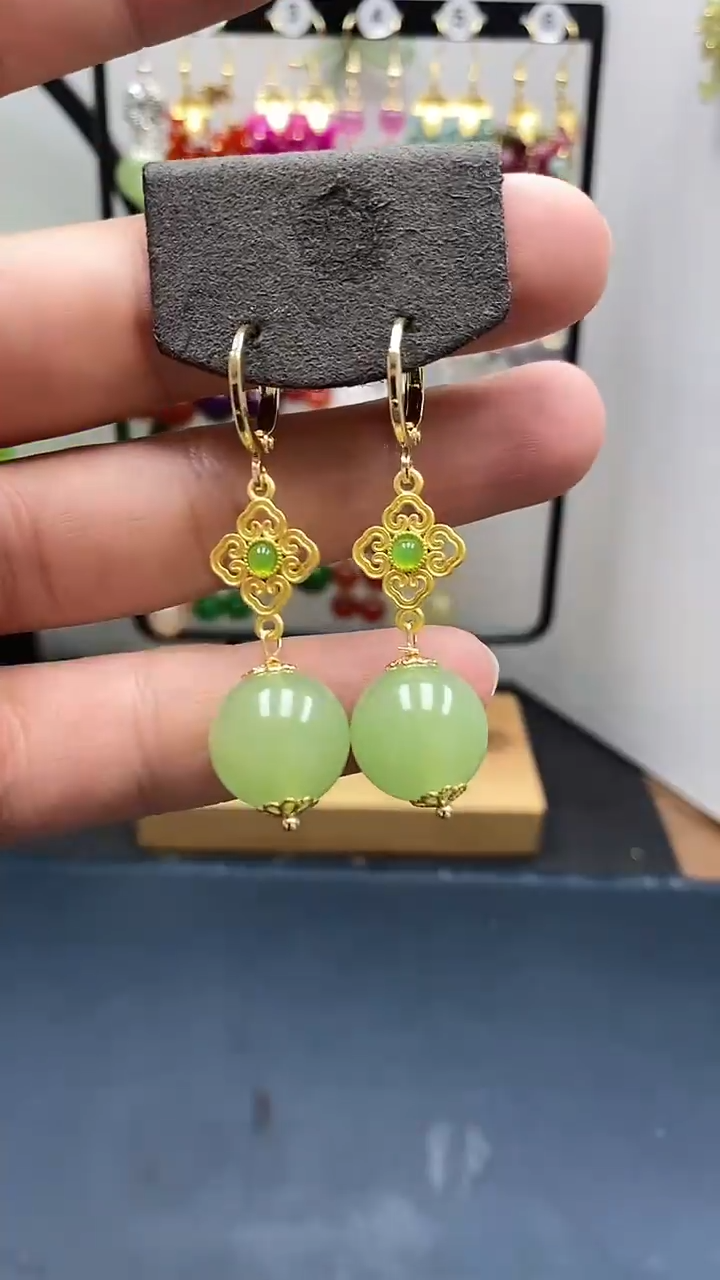 和田玉银S925镀金镶嵌耳饰尺寸14mm耳扣E01