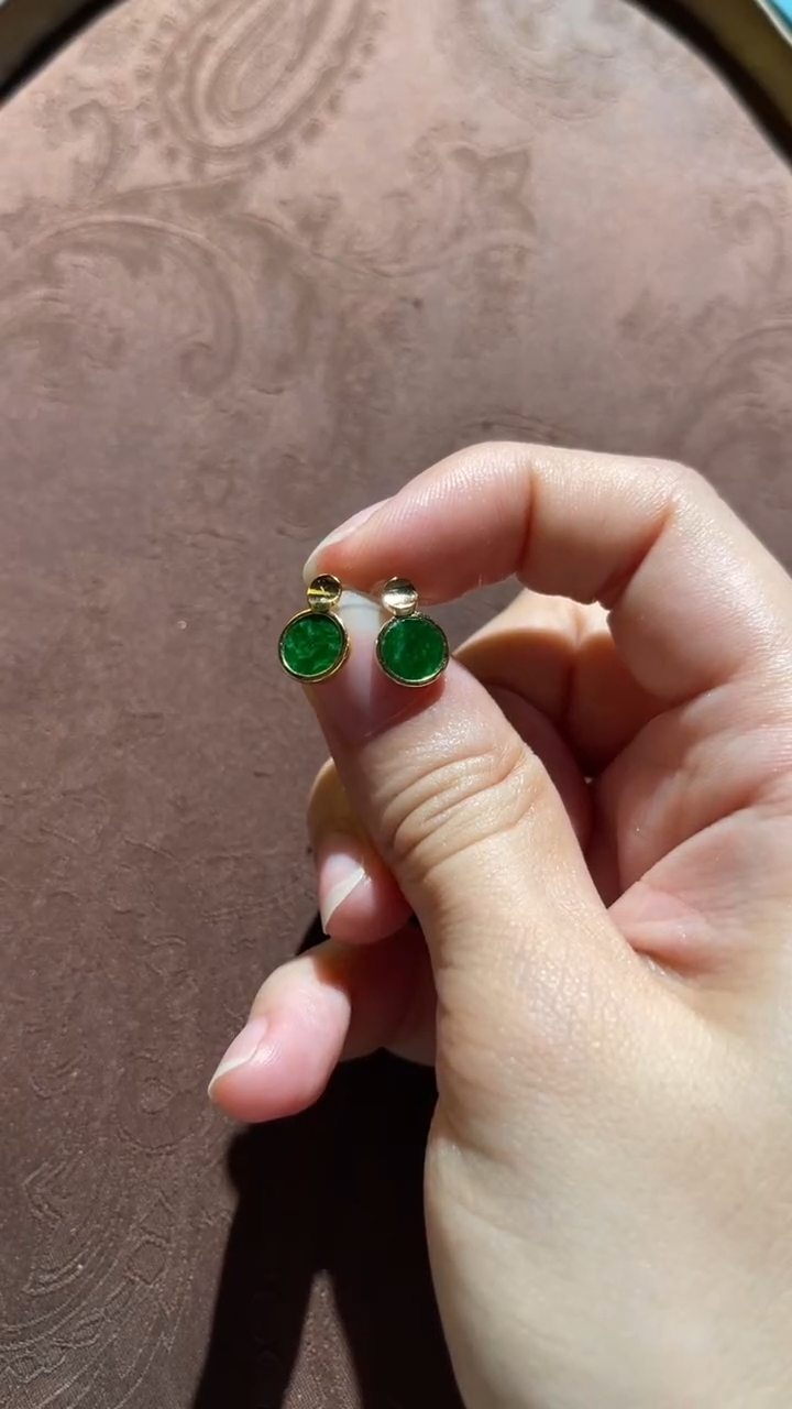 银S925镀金镶嵌翡翠耳钉红翡绿翠