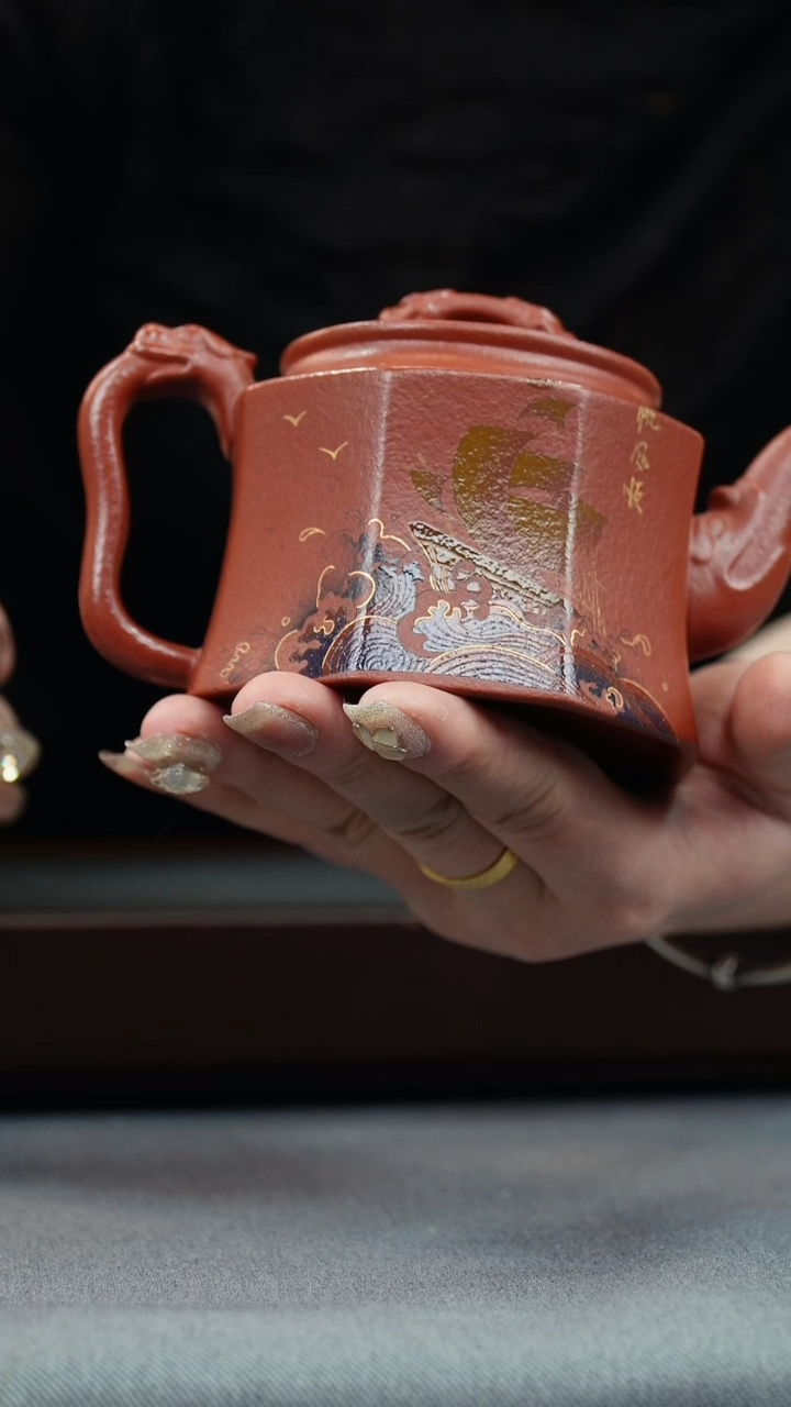 【闪购商品】紫砂茶壶朱泥 八方金钟 彩绘