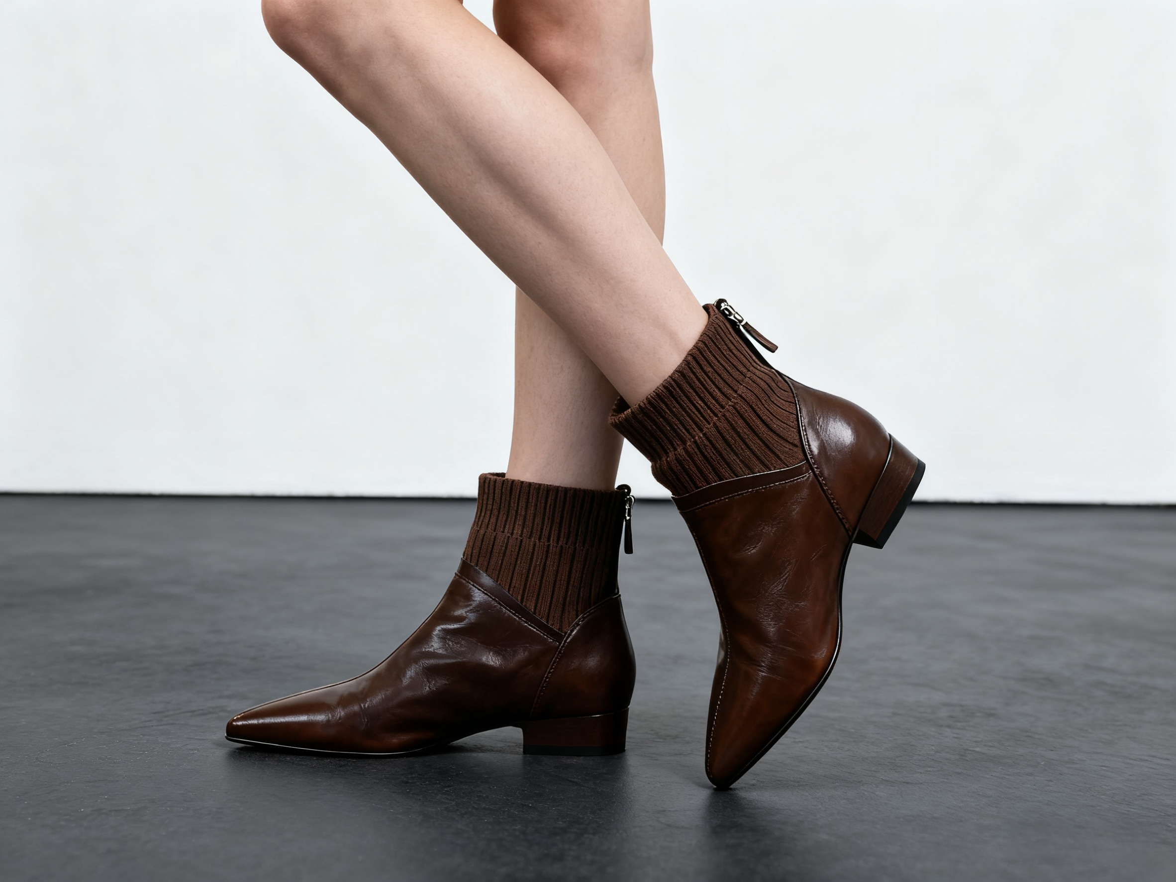 平跟尖头粗跟短靴百搭后拉链法式女靴圆头真皮秋冬