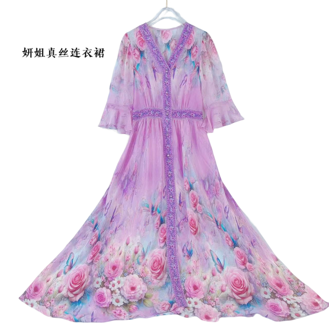 真丝连衣裙2025夏季桑蚕丝轻奢印花气质时尚优雅 紫花色 25S8003