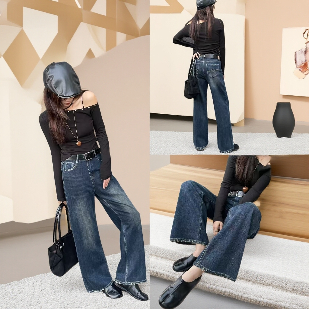 早秋款复古瓶盖裤时尚宽松直筒裤高腰阔腿裤弹力拖地牛仔裤女5236