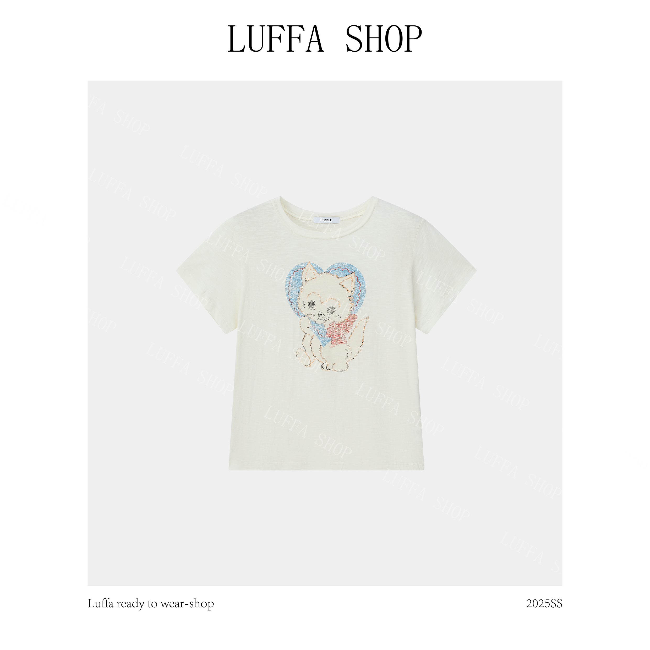 【Luffa shop】“甜喵印记”蓝心萌猫印花小猫T恤TX20250727