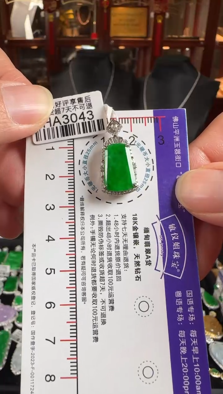 颈饰18K金镶嵌翡翠HA3043冰辣绿无事牌