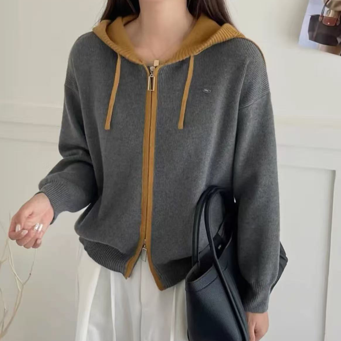 175#秋冬长袖连帽开衫毛衣外套宽松撞色减龄