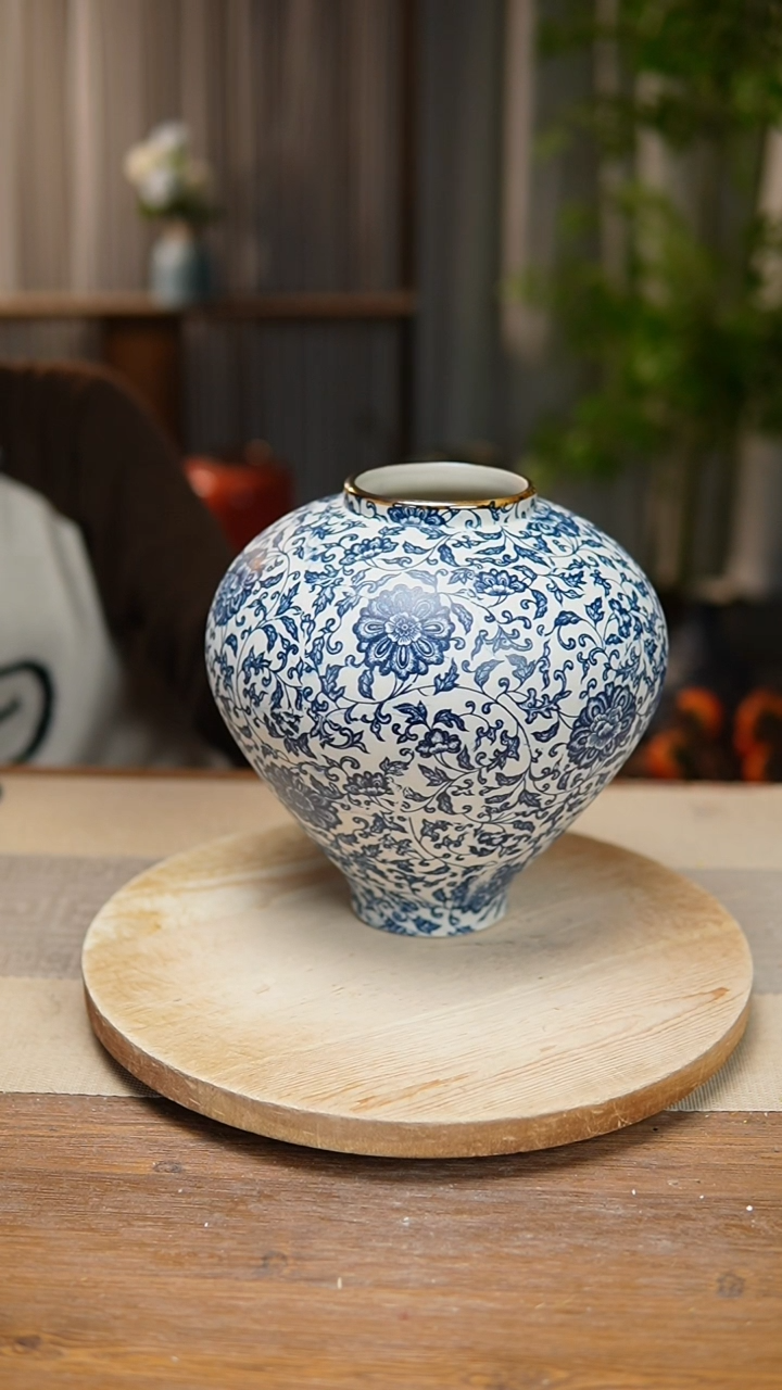 【闪购商品】陶瓷花器青花瓷缠枝莲月亮罐