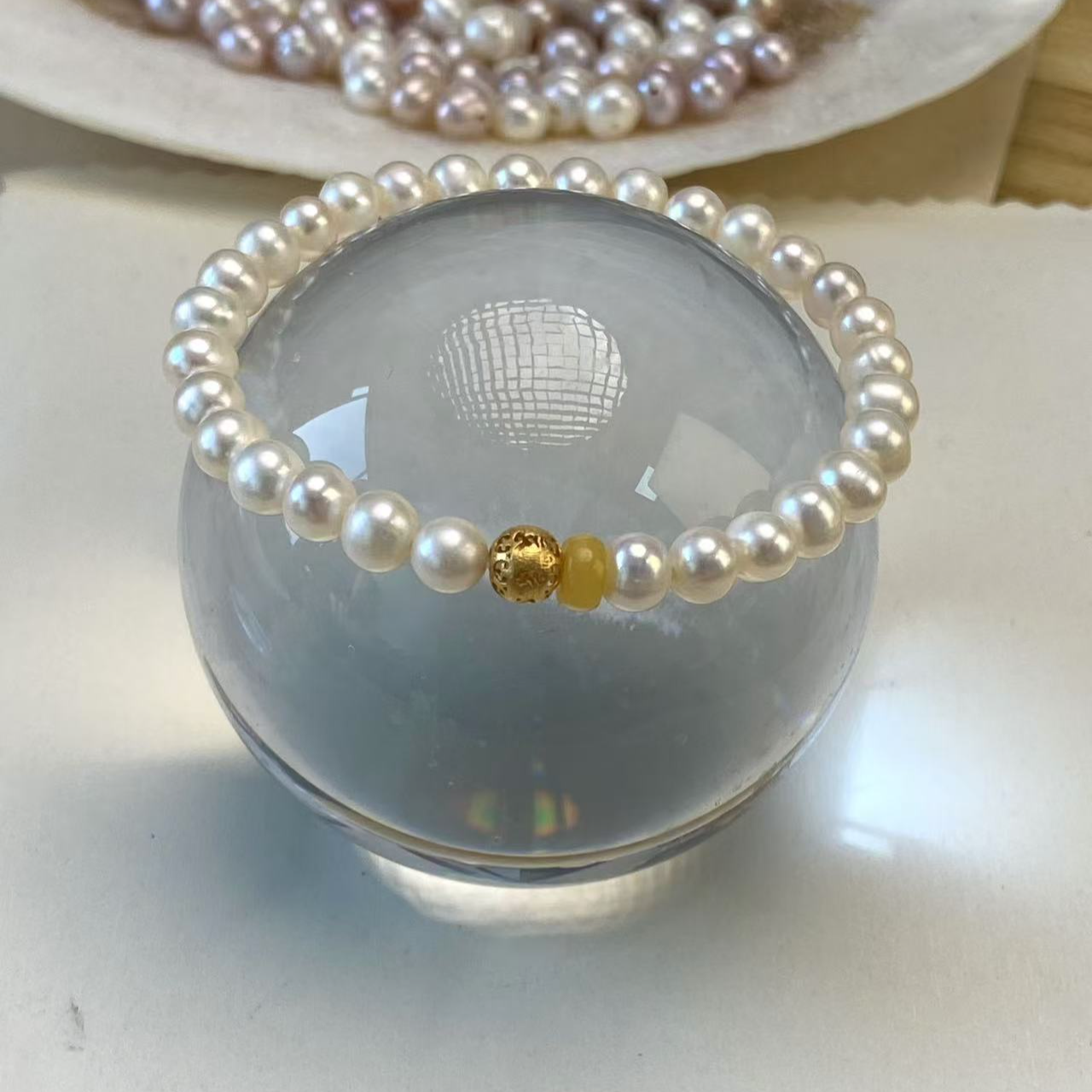 天然无核淡水珍珠镂空圆珠蜜蜡925银精致手链手串5.5-6mm