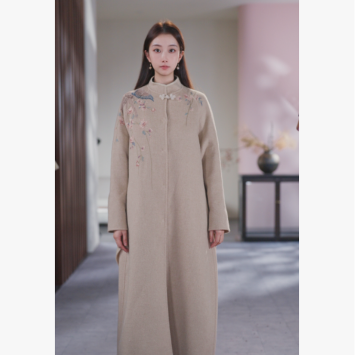 牧衣游原创 进口双面呢手工刺绣长毛呢外套气质高端毛呢大衣 慕雪