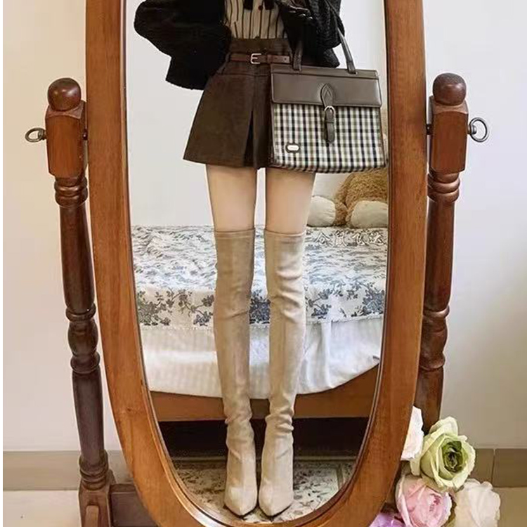 过膝高跟长靴子女秋冬新款绒面尖头套筒瘦瘦靴高筒粗跟长筒靴