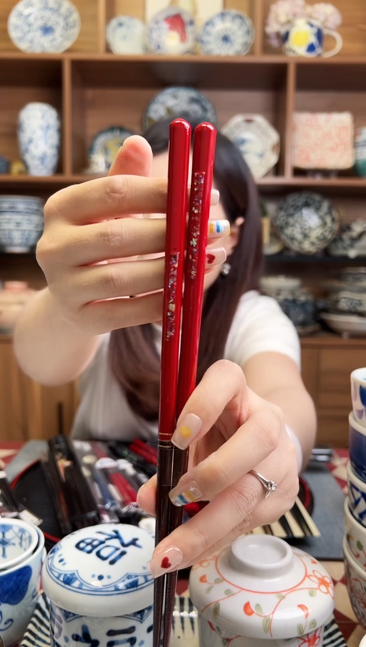 瓷片田中筷子-金雫 朱（一双装）