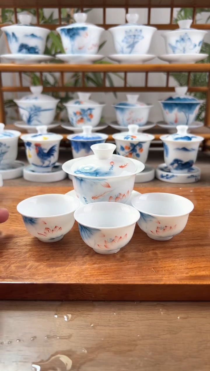 微瑕蓝莲130ml三才盖碗+小和顺杯3个