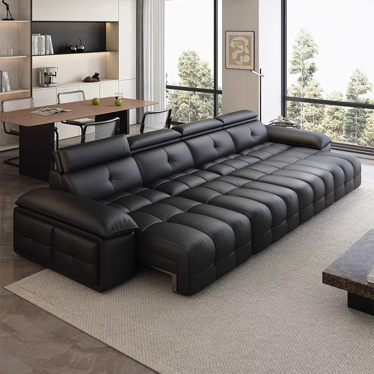 新款劳伦斯电动沙发平移零靠墙意式多功能伸缩直排两用真皮沙发床