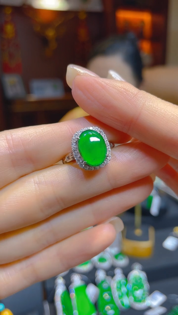 翡翠戒指银S925镶嵌天然A货翡翠/125677