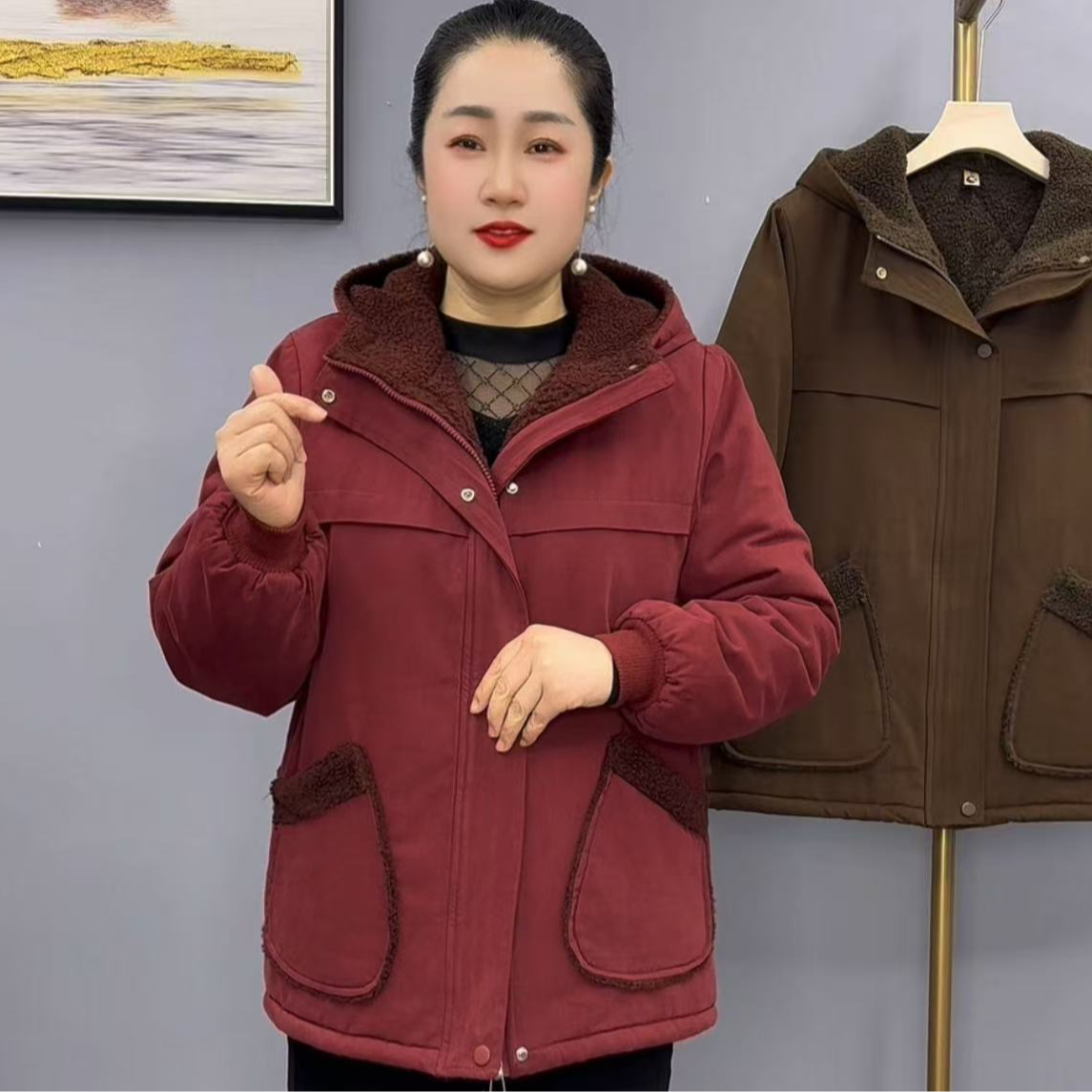 秋冬新款休闲时尚宽松显瘦加绒加厚保暖连帽妈妈装洋气棉服2132款