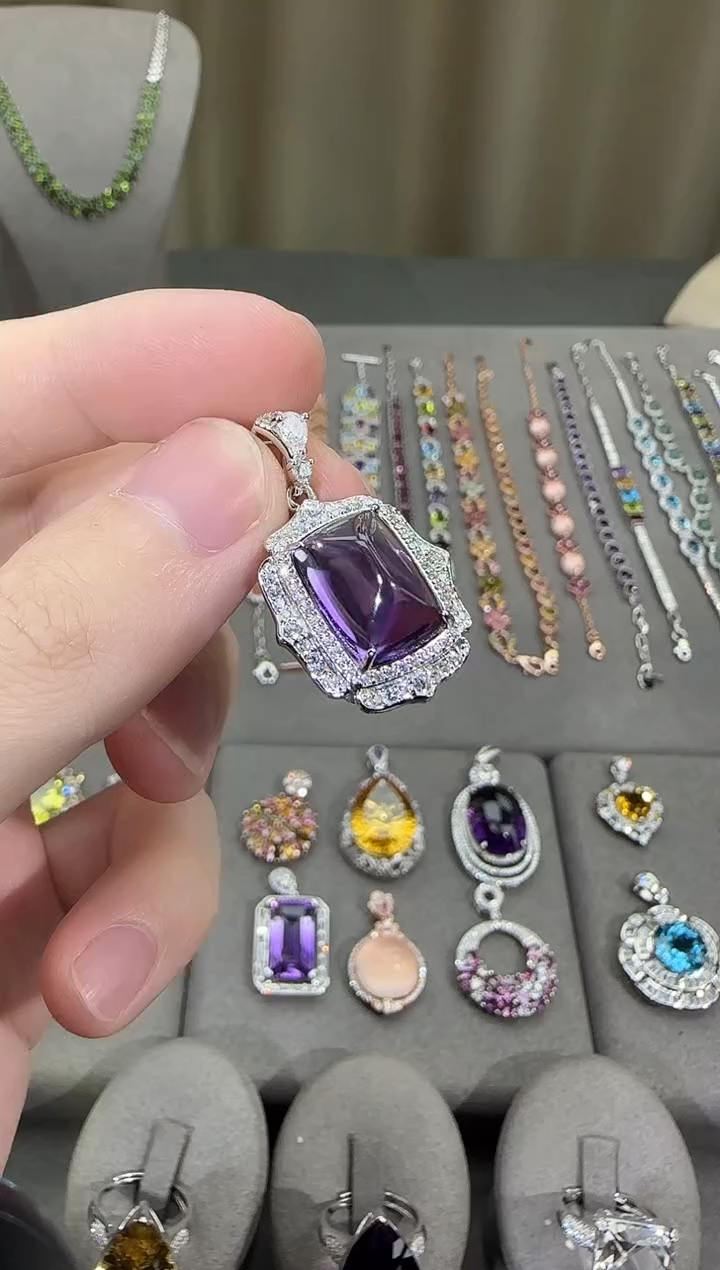 颈饰银S925镶嵌紫晶10*14mm吊坠糖塔设计款
