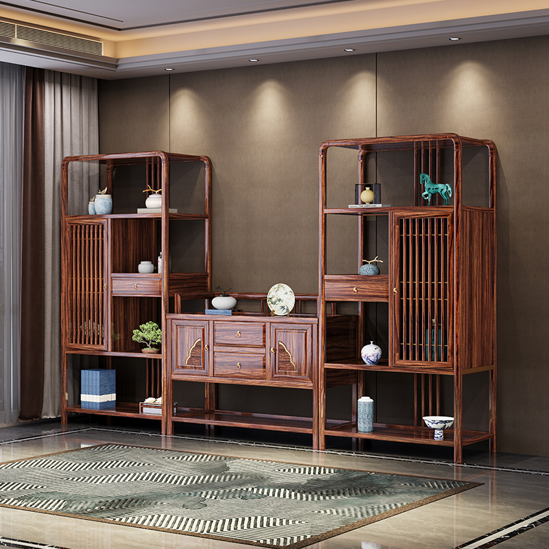 禅意新中式实木三组合吉祥博古架家用办公多用落地玄关隔断多宝阁