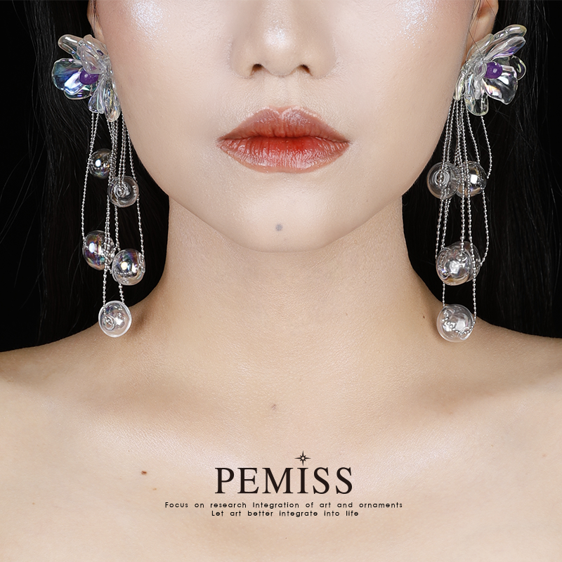 PEMISS 钛钢树脂耳饰 浪漫花朵夸张幻彩流苏耳饰小众超仙两戴