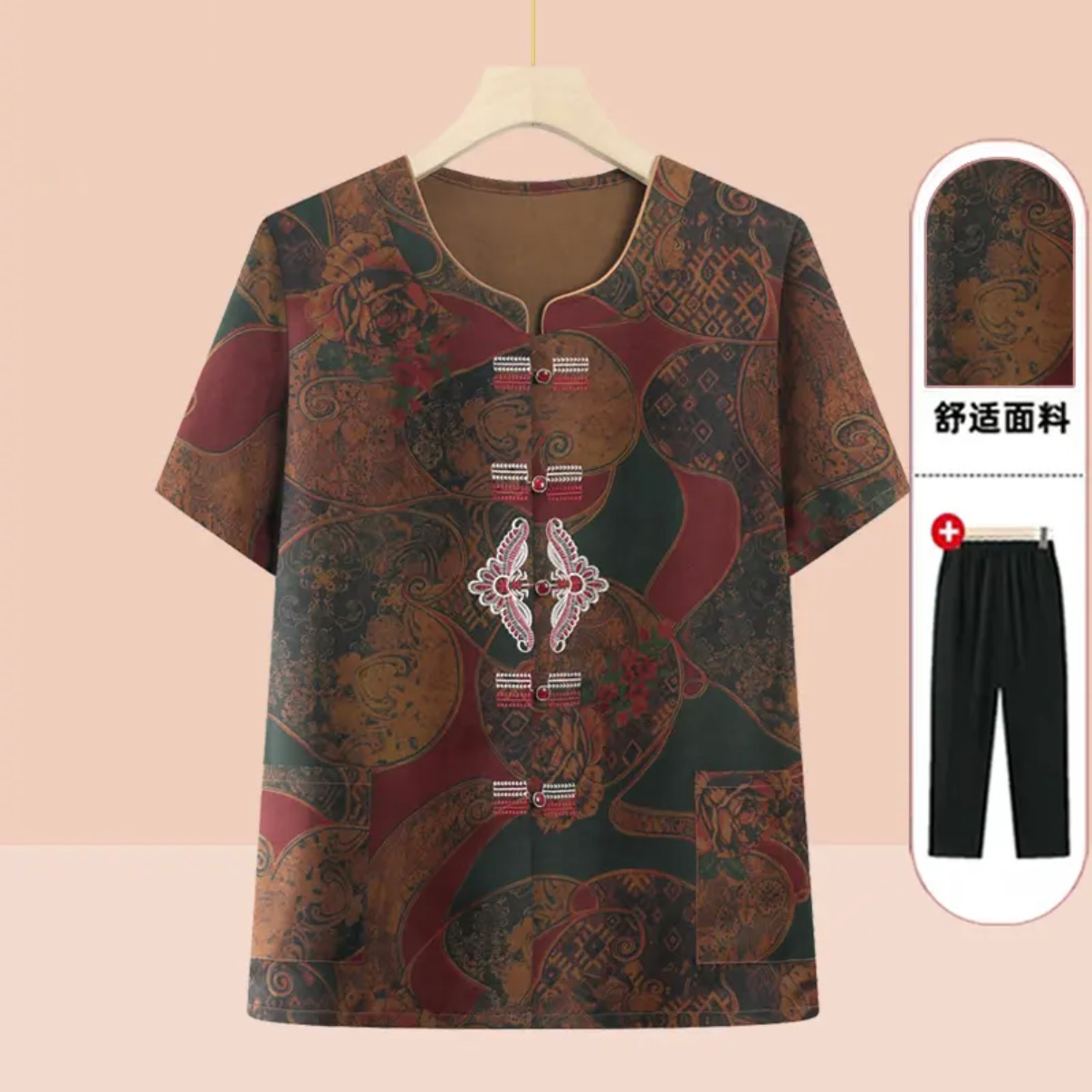 T27 妈妈装夏款开衫短袖套装中老年奶奶洋气上衣松紧腰裤子两件套