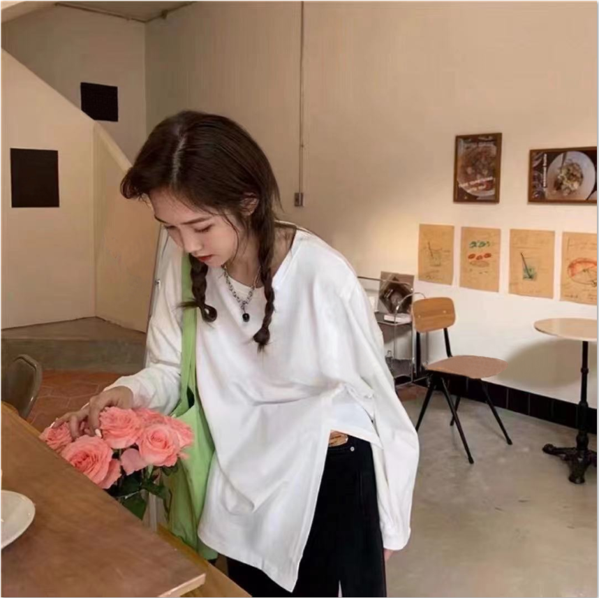 韩国ins基础款百搭简约宽松新款圆领打底白色开叉T恤女#9000