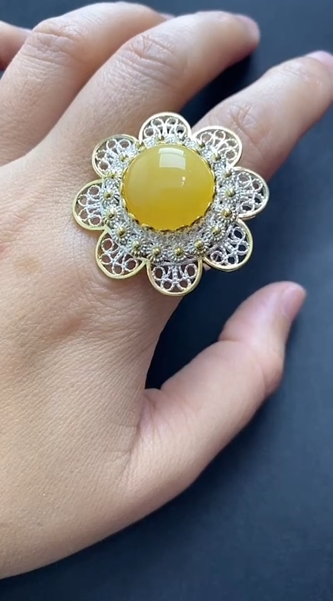 【闪购商品】琥珀裸石银S925镶嵌蜜蜡戒指