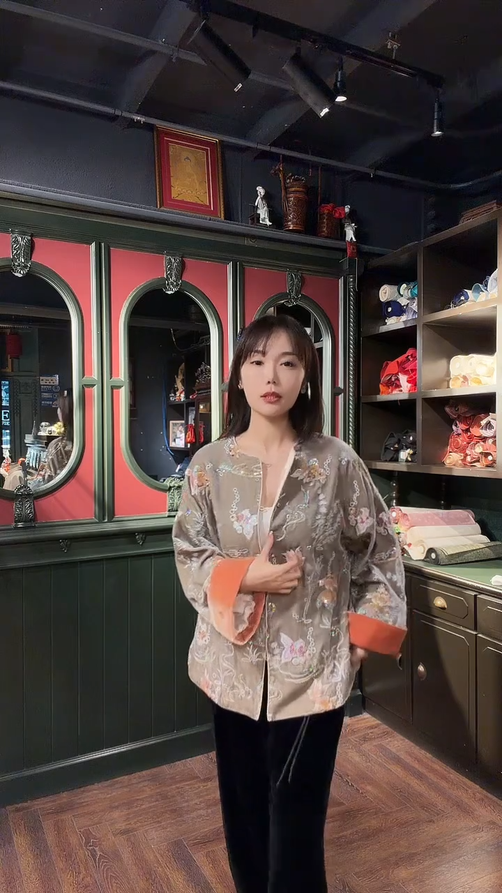 【现货】灰色橘色袖口真丝丝绒外套
