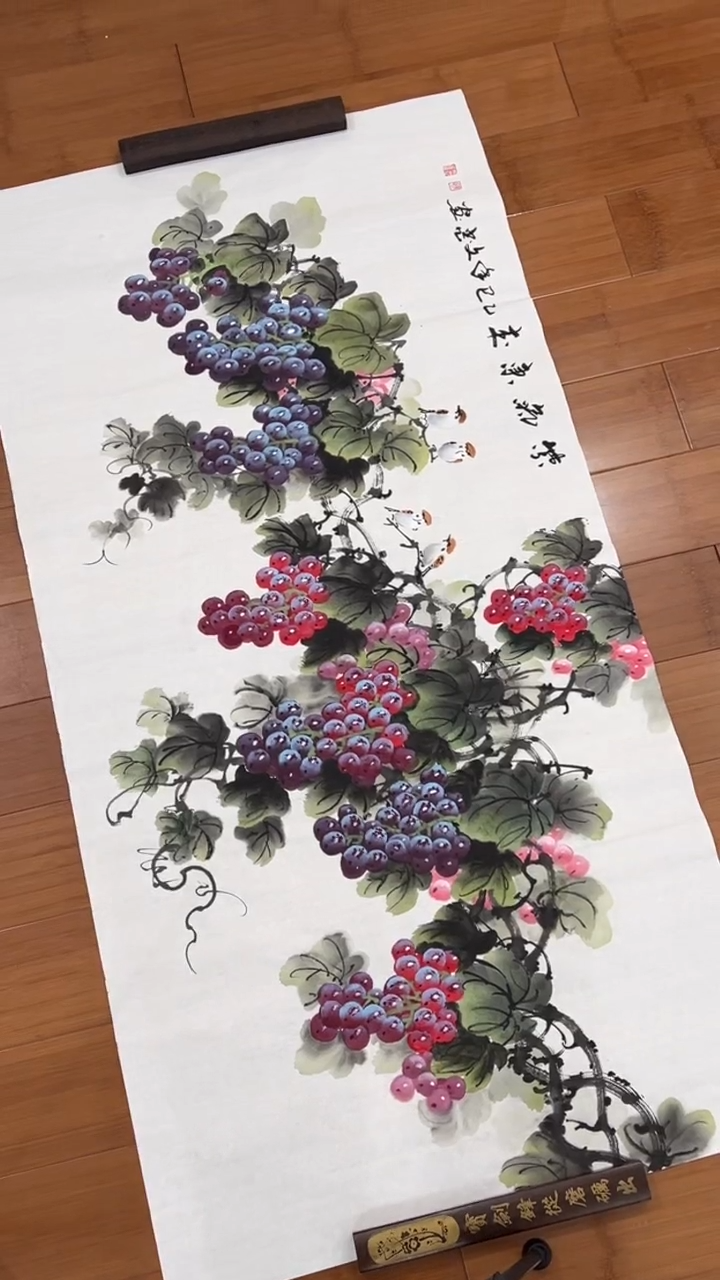 国画【福利，纯手工手绘】张文忠葡萄横幅138*68厘米