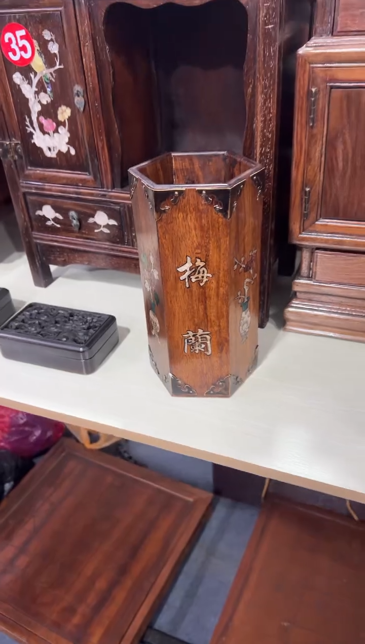 木沐*?木 螺钿镶嵌梅兰竹菊帽筒储物桶