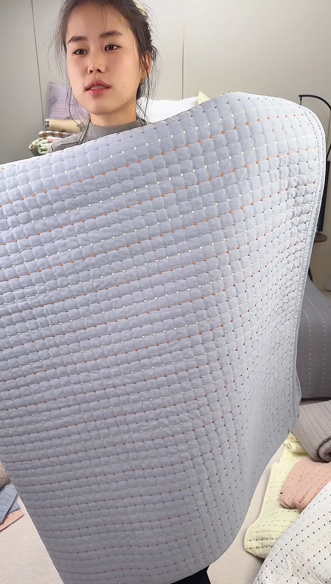 棉纯棉灰蓝米粒绣230*250单床盖