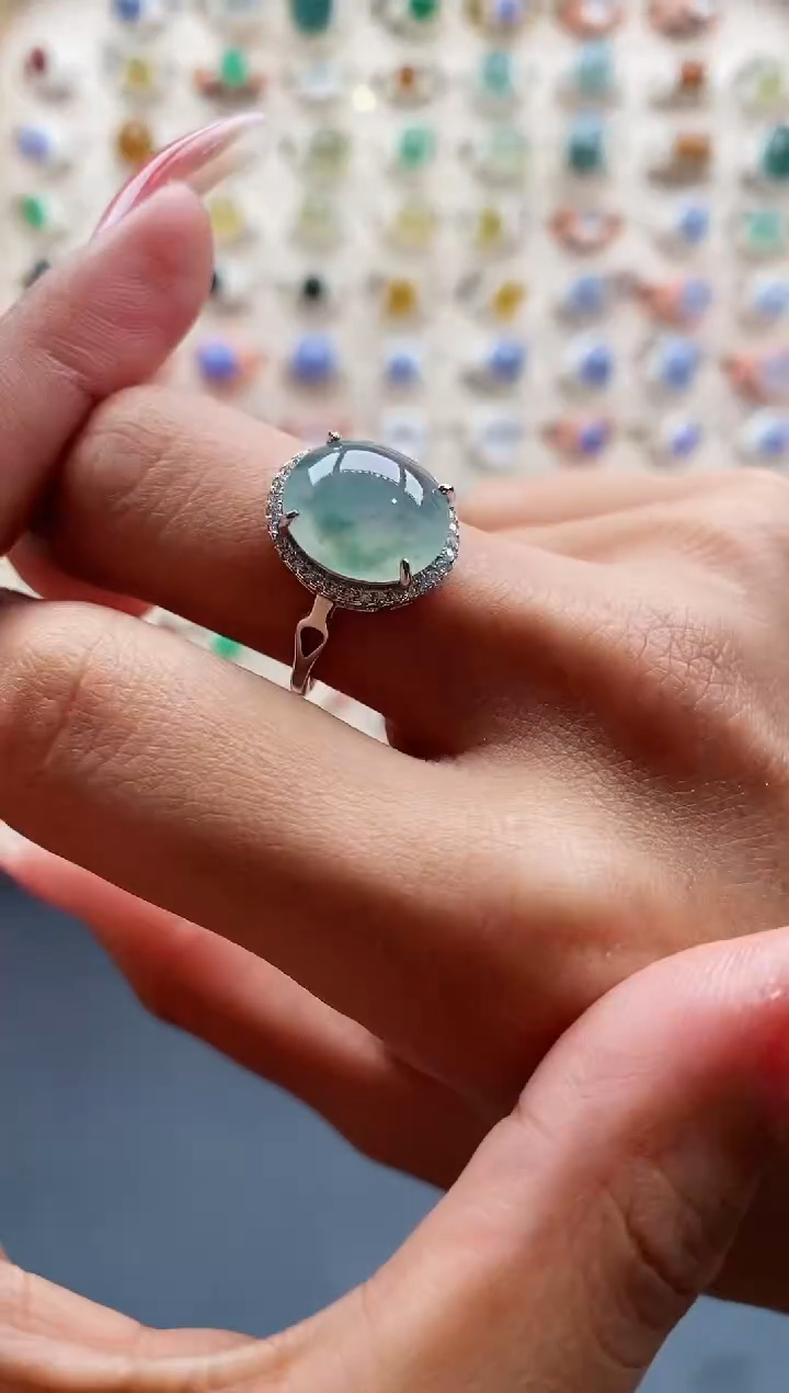 【闪购商品】翡翠戒指银S925镶嵌缅甸天然A货翡翠444  7+9