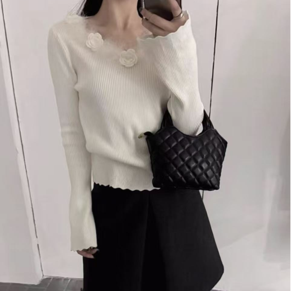 【ms3078】法式白色立体钩花V领针织打底衫女秋冬设计感内搭