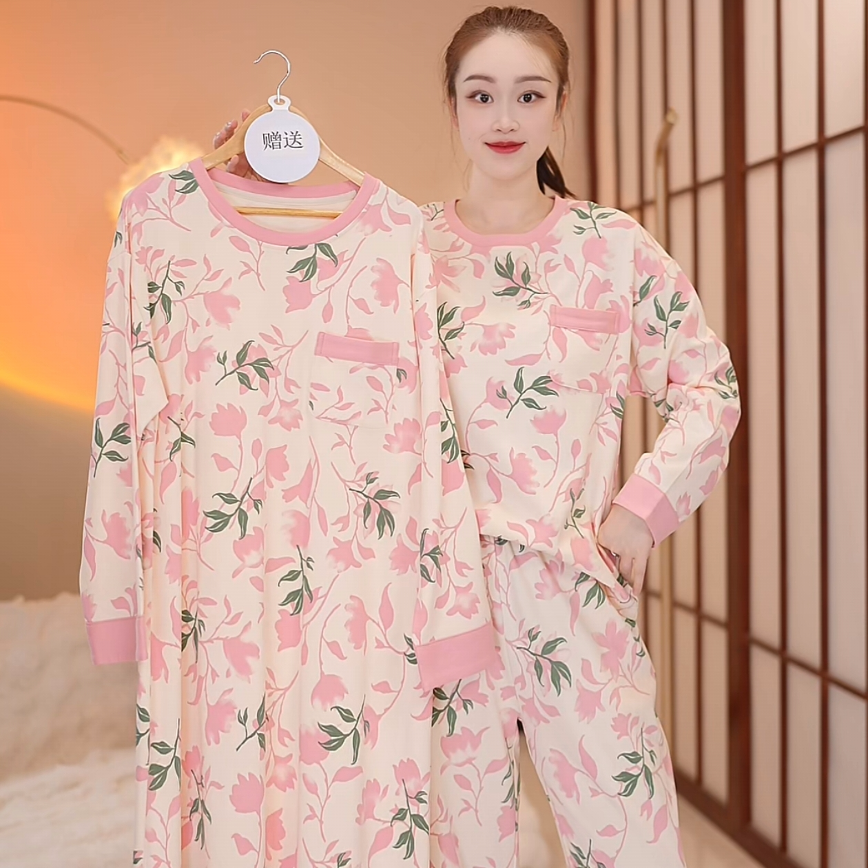 秋款纯棉【桃夭～拍一发三】长袖长裤舒适家居服套装可外穿