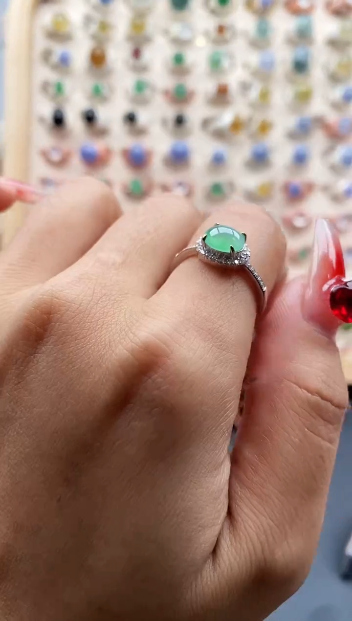 【闪购商品】翡翠戒指银S925镶嵌缅甸天然A货翡翠111 9+2