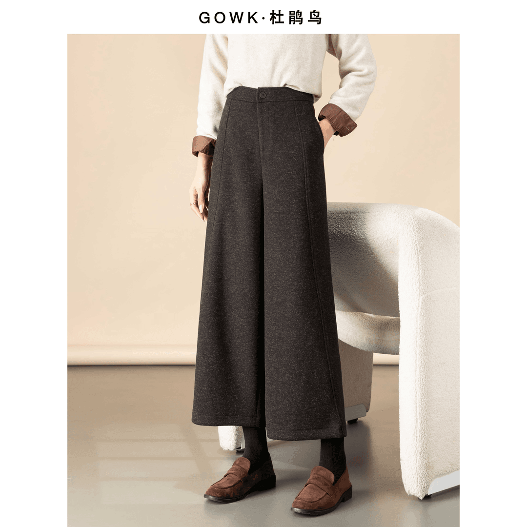 GOWK/杜鹃鸟高腰松弛感阔腿羊毛九分裤女新款亲肤软糯休闲裤8516